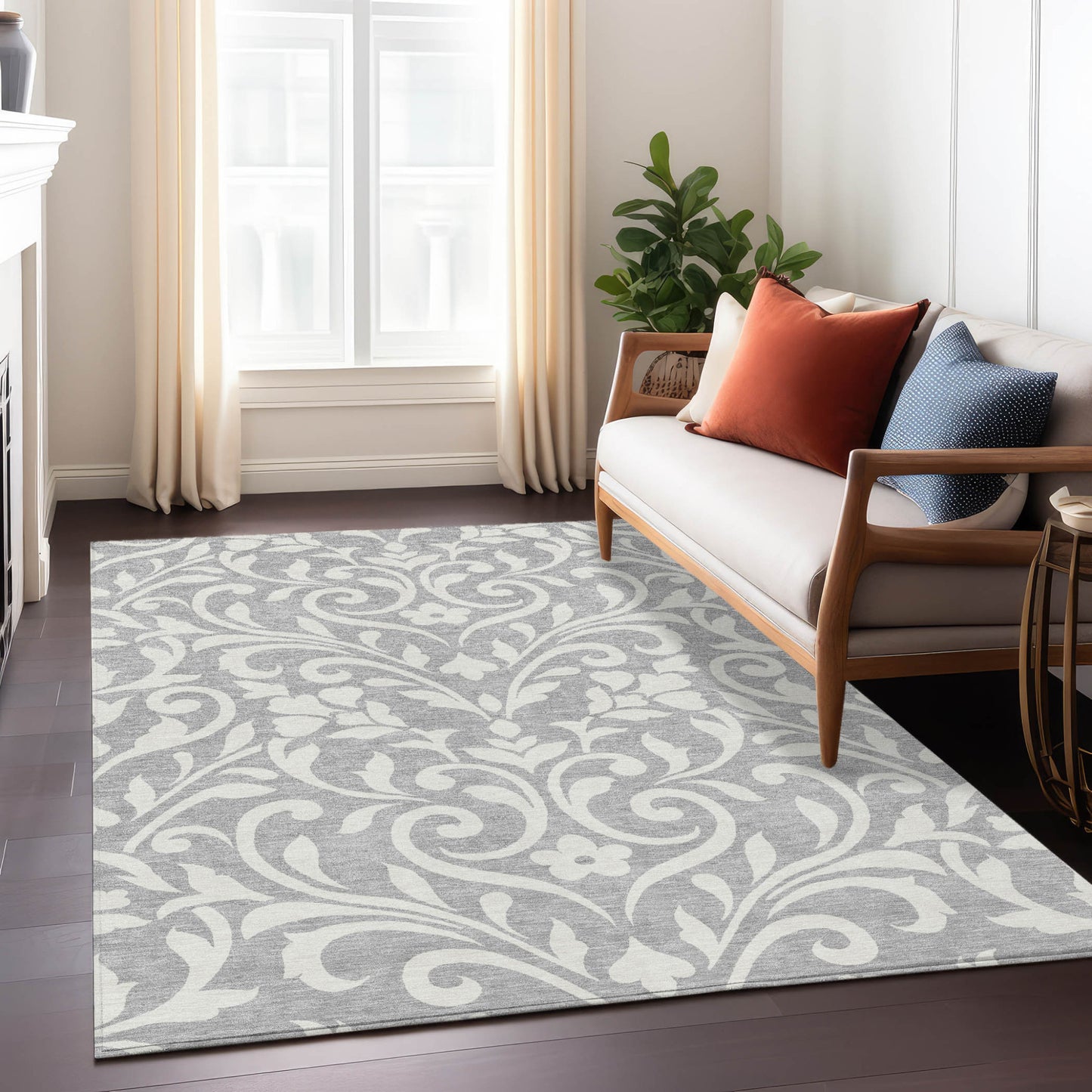 Tabselect Home Line 5' X 8' Gray And Ivory Floral Washable Indoor Outdoor Area Rug