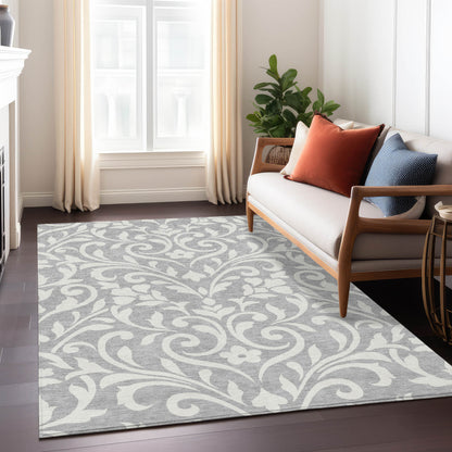 Tabselect Home Line 5' X 8' Gray And Ivory Floral Washable Indoor Outdoor Area Rug
