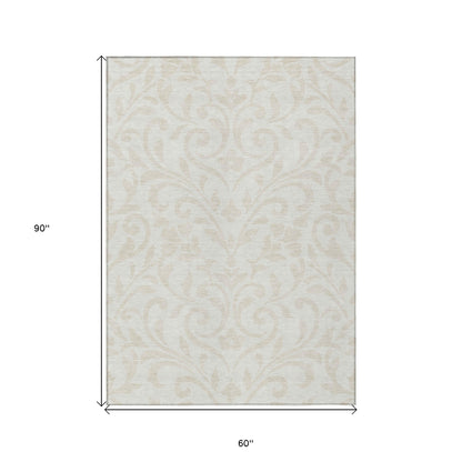 Tabselect Home Line 5' X 8' Ivory And Beige Floral Washable Indoor Outdoor Area Rug
