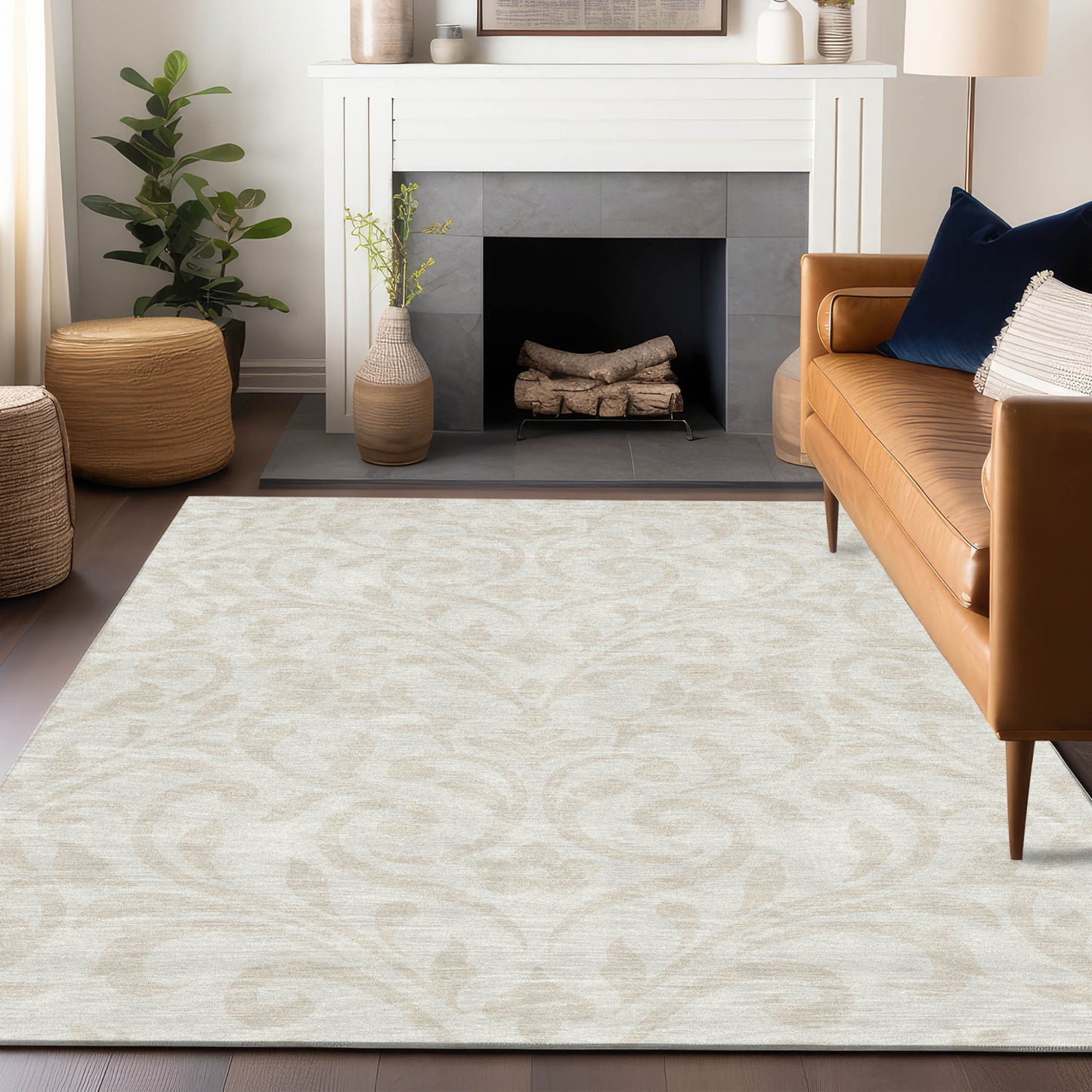 Tabselect Home Line 5' X 8' Ivory And Beige Floral Washable Indoor Outdoor Area Rug