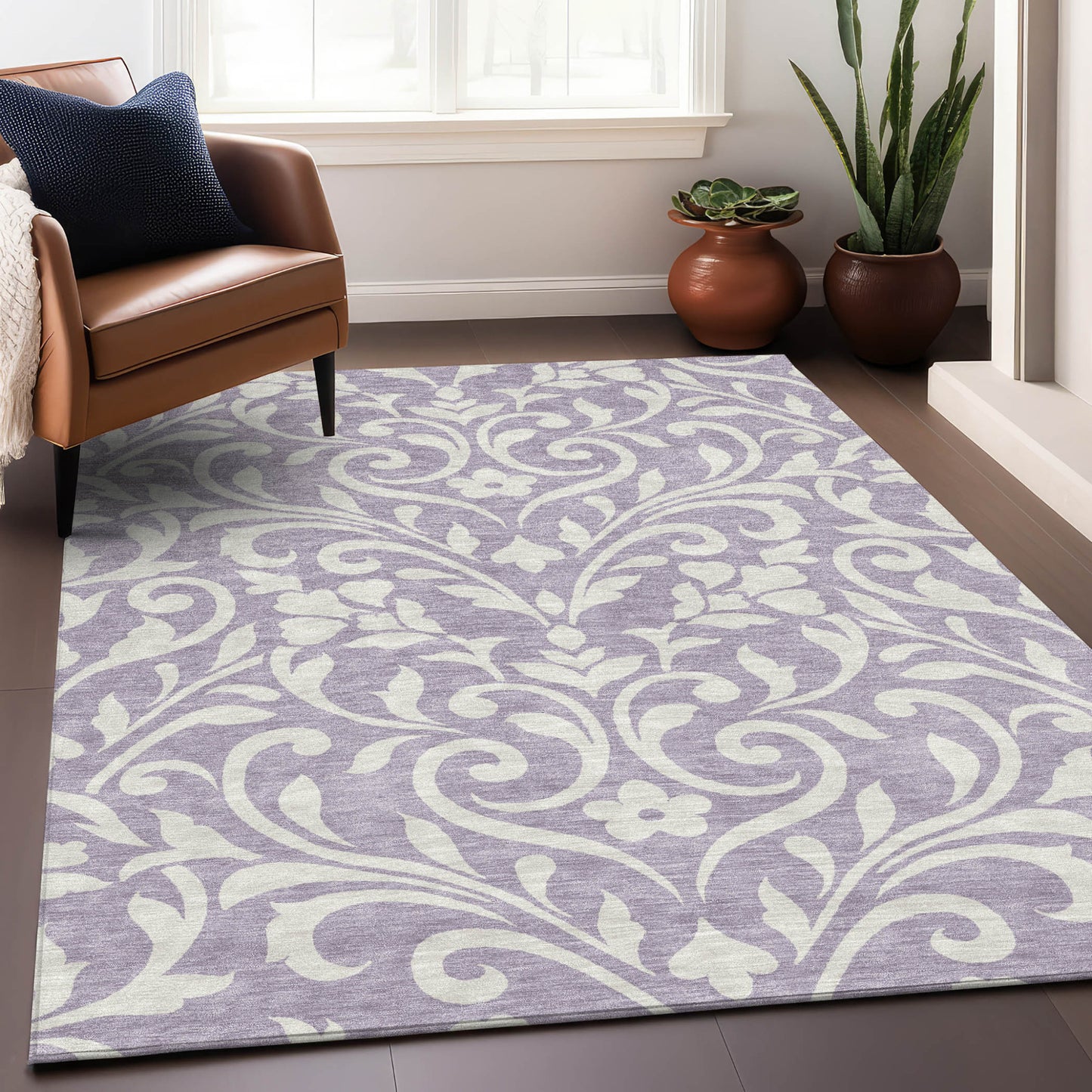 Tabselect Home Line 5' X 8' Lavender And Ivory Floral Washable Indoor Outdoor Area Rug