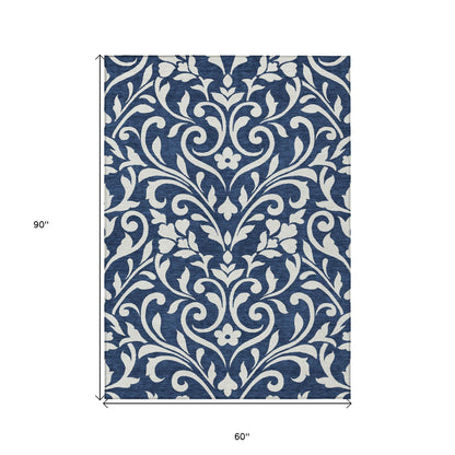 Tabselect Home Line 5' X 8' Navy Blue And Ivory Floral Washable Indoor Outdoor Area Rug