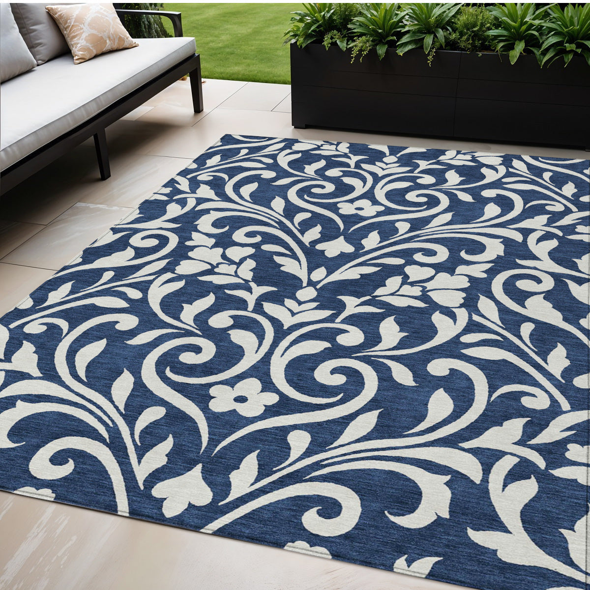 Tabselect Home Line 5' X 8' Navy Blue And Ivory Floral Washable Indoor Outdoor Area Rug
