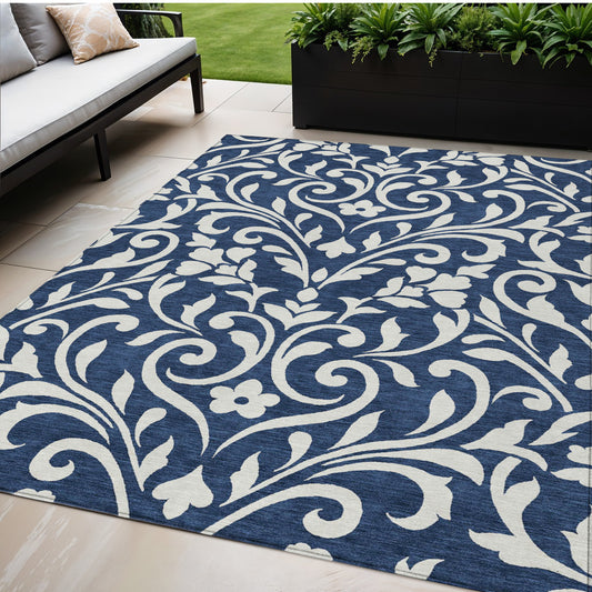 Tabselect Home Line 5' X 8' Navy Blue And Ivory Floral Washable Indoor Outdoor Area Rug