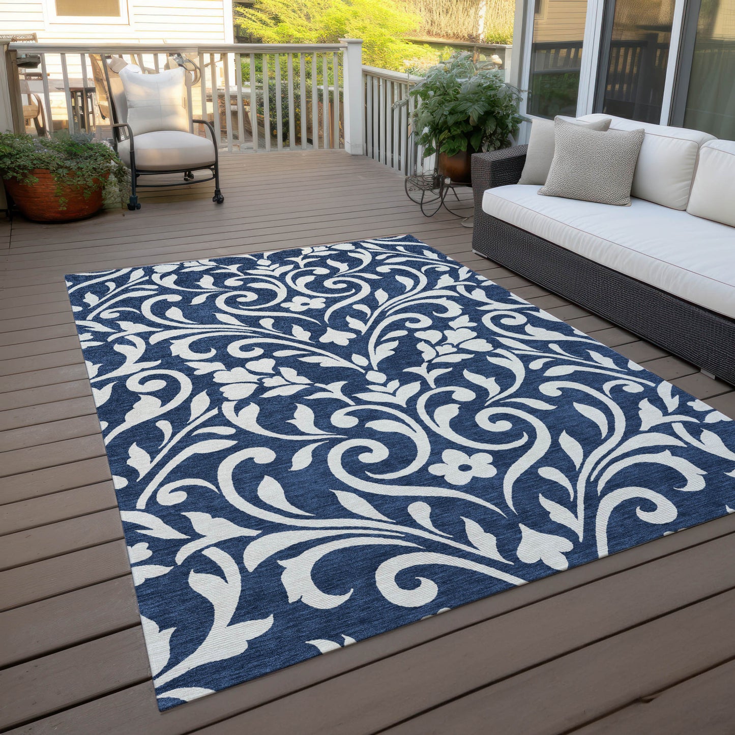 Tabselect Home Line 5' X 8' Navy Blue And Ivory Floral Washable Indoor Outdoor Area Rug