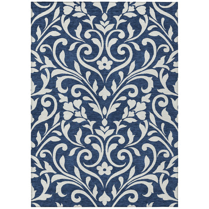 Tabselect Home Line 5' X 8' Navy Blue And Ivory Floral Washable Indoor Outdoor Area Rug