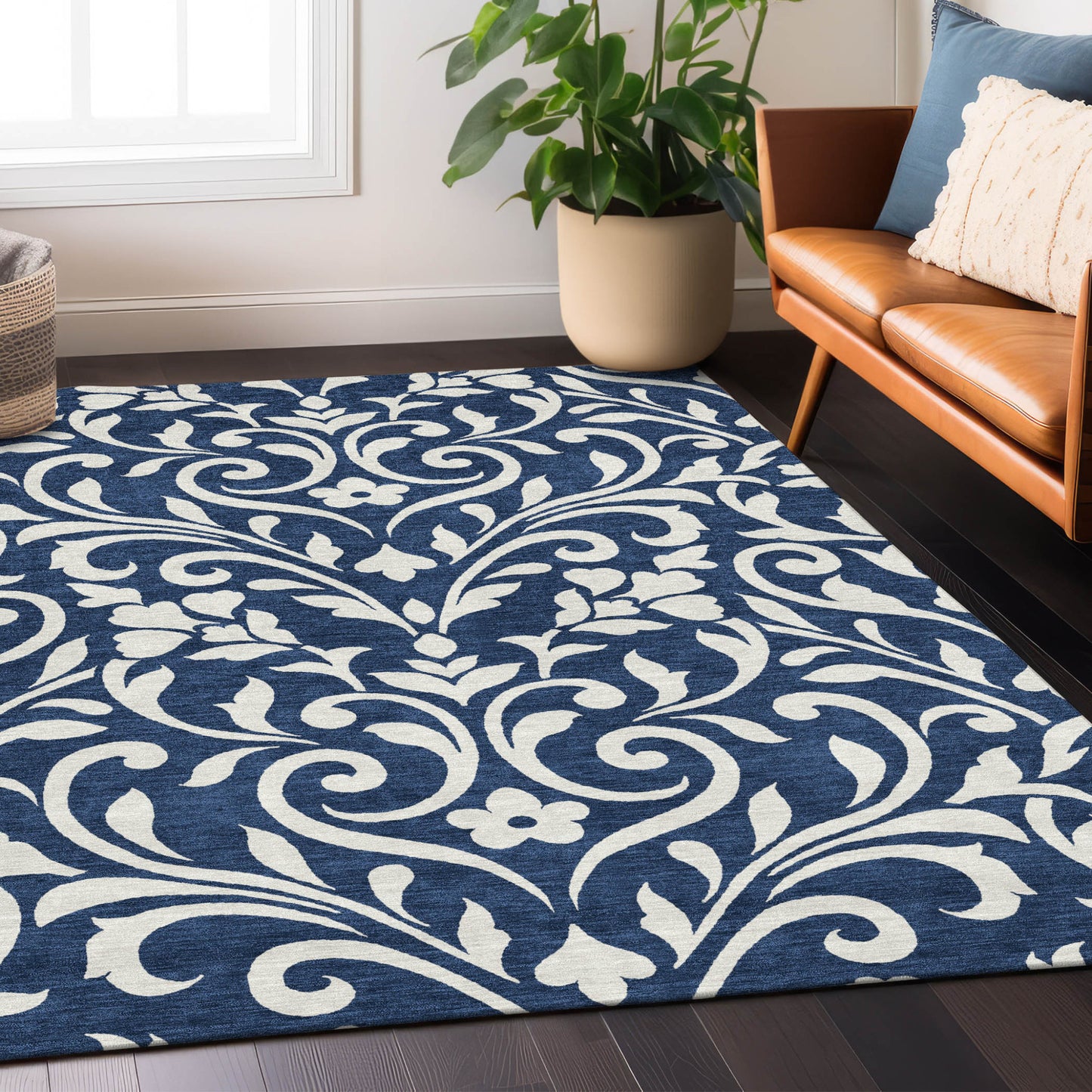 Tabselect Home Line 5' X 8' Navy Blue And Ivory Floral Washable Indoor Outdoor Area Rug