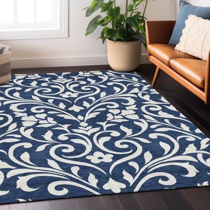 Tabselect Home Line 5' X 8' Navy Blue And Ivory Floral Washable Indoor Outdoor Area Rug