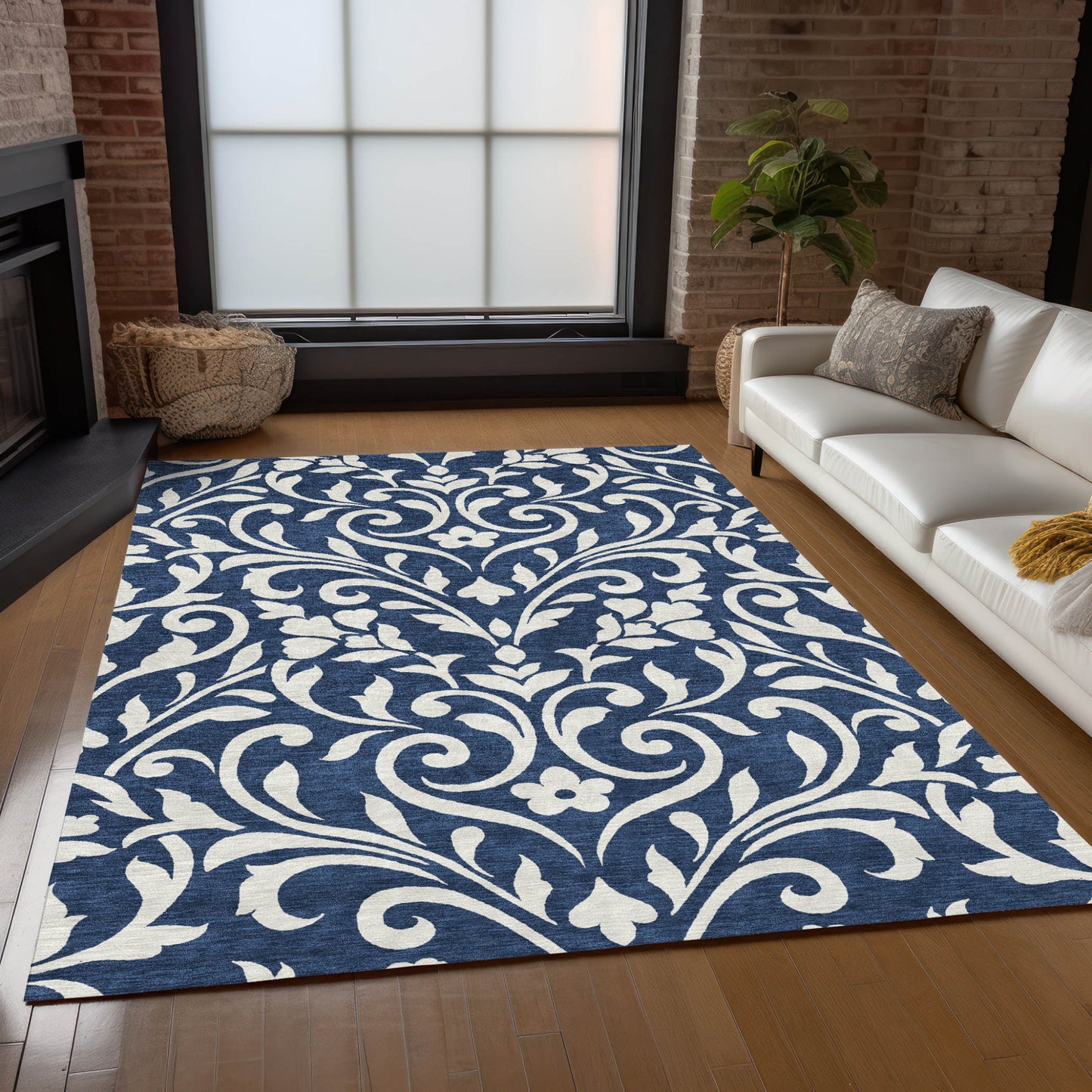 Tabselect Home Line 5' X 8' Navy Blue And Ivory Floral Washable Indoor Outdoor Area Rug