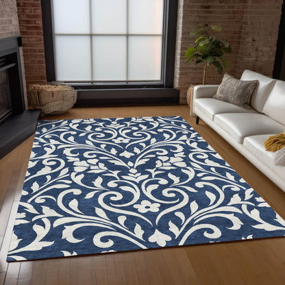Tabselect Home Line 5' X 8' Navy Blue And Ivory Floral Washable Indoor Outdoor Area Rug