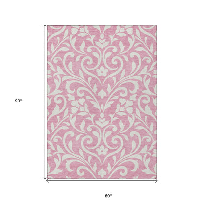 Tabselect Home Line 5' X 8' Pink And Ivory Floral Washable Indoor Outdoor Area Rug