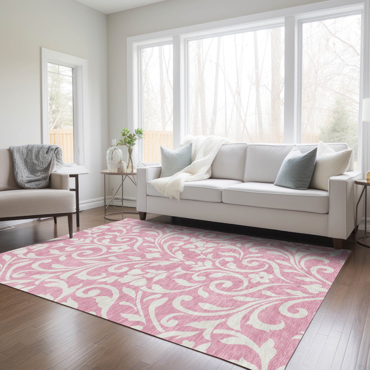Tabselect Home Line 5' X 8' Pink And Ivory Floral Washable Indoor Outdoor Area Rug