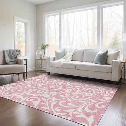 Tabselect Home Line 5' X 8' Pink And Ivory Floral Washable Indoor Outdoor Area Rug