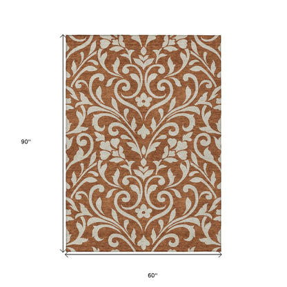 Tabselect Home Line 5' X 8' Brown And Beige Floral Washable Indoor Outdoor Area Rug