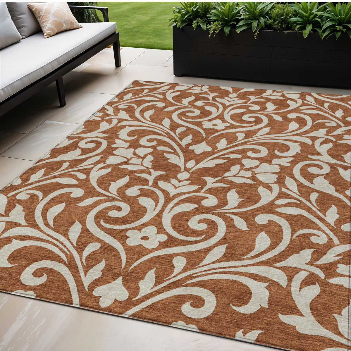 Tabselect Home Line 5' X 8' Brown And Beige Floral Washable Indoor Outdoor Area Rug