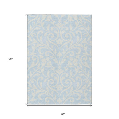 Tabselect Home Line 5' X 8' Sky Blue And Ivory Floral Washable Indoor Outdoor Area Rug