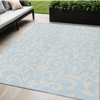 Tabselect Home Line 5' X 8' Sky Blue And Ivory Floral Washable Indoor Outdoor Area Rug