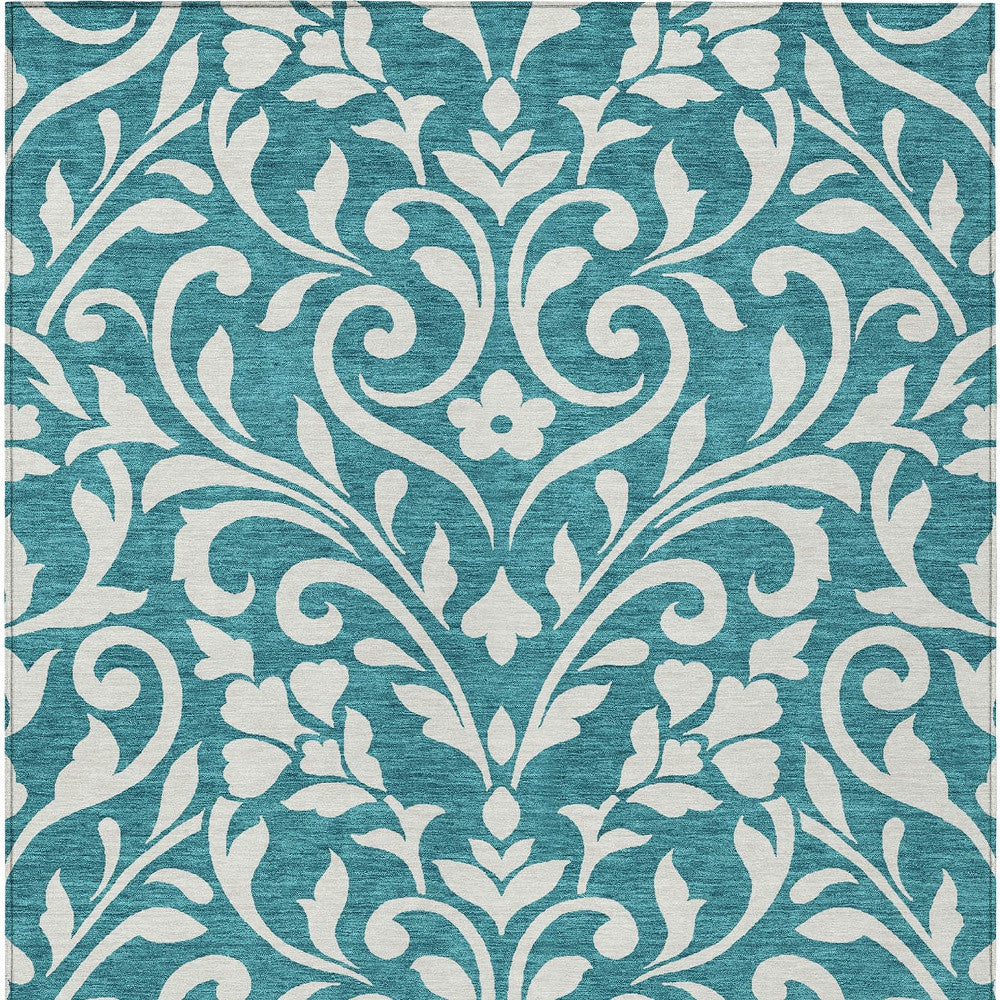 Tabselect Home Line 5' X 8' Teal Blue And Ivory Floral Washable Indoor Outdoor Area Rug