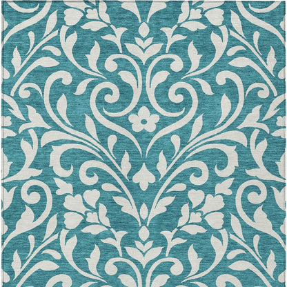 Tabselect Home Line 5' X 8' Teal Blue And Ivory Floral Washable Indoor Outdoor Area Rug