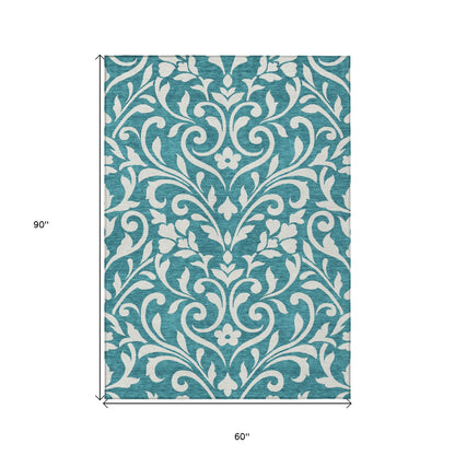 Tabselect Home Line 5' X 8' Teal Blue And Ivory Floral Washable Indoor Outdoor Area Rug