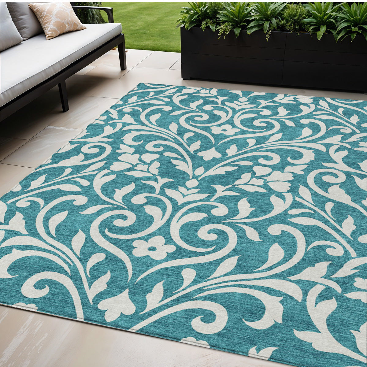 Tabselect Home Line 5' X 8' Teal Blue And Ivory Floral Washable Indoor Outdoor Area Rug