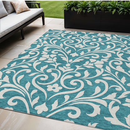 Tabselect Home Line 5' X 8' Teal Blue And Ivory Floral Washable Indoor Outdoor Area Rug
