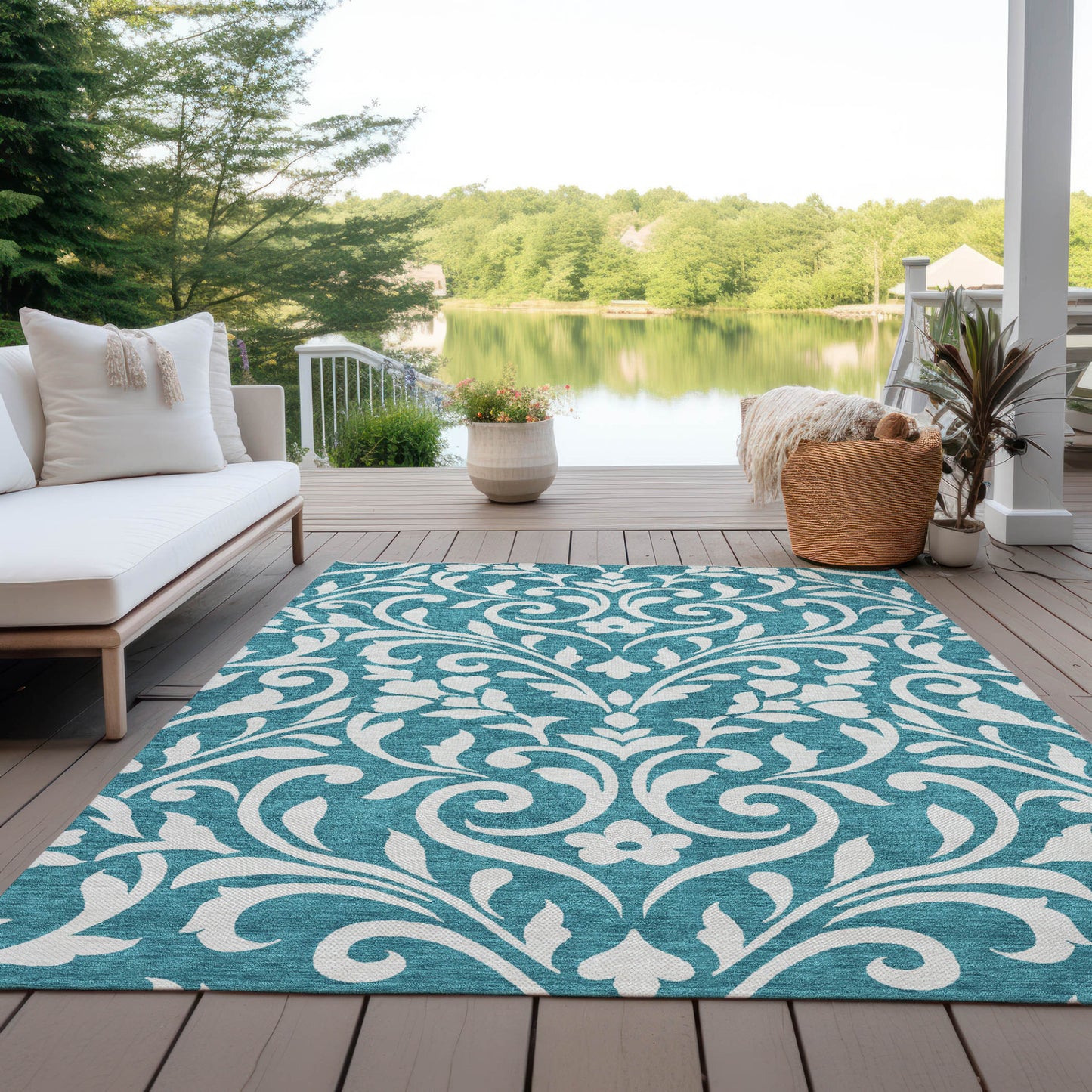 Tabselect Home Line 5' X 8' Teal Blue And Ivory Floral Washable Indoor Outdoor Area Rug