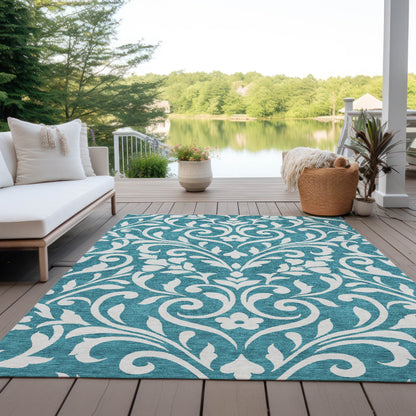 Tabselect Home Line 5' X 8' Teal Blue And Ivory Floral Washable Indoor Outdoor Area Rug