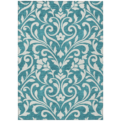 Tabselect Home Line 5' X 8' Teal Blue And Ivory Floral Washable Indoor Outdoor Area Rug