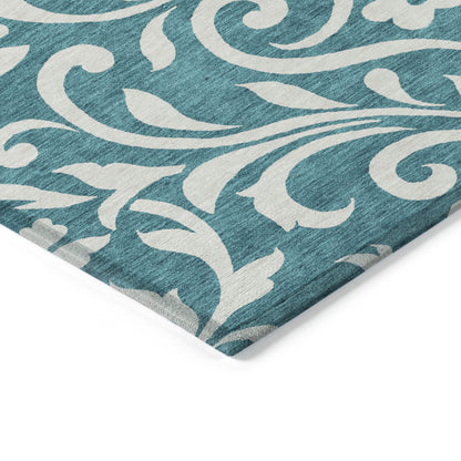 Tabselect Home Line 5' X 8' Teal Blue And Ivory Floral Washable Indoor Outdoor Area Rug
