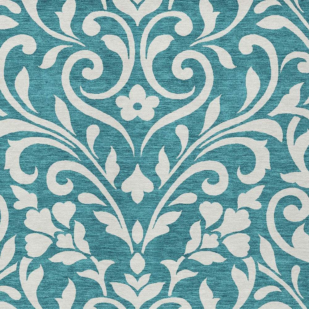 Tabselect Home Line 5' X 8' Teal Blue And Ivory Floral Washable Indoor Outdoor Area Rug
