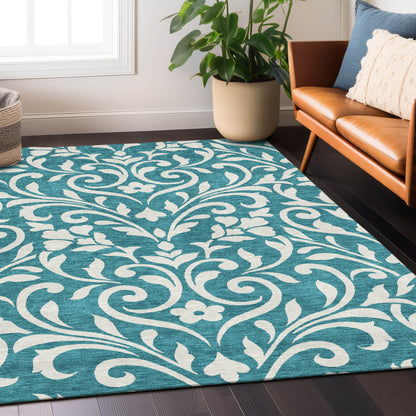 Tabselect Home Line 5' X 8' Teal Blue And Ivory Floral Washable Indoor Outdoor Area Rug