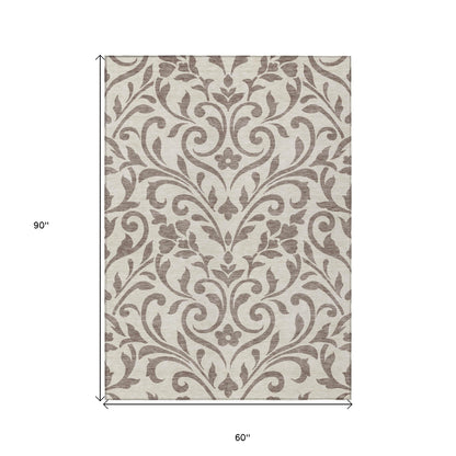Tabselect Home Line 5' X 8' Taupe Floral Washable Indoor Outdoor Area Rug