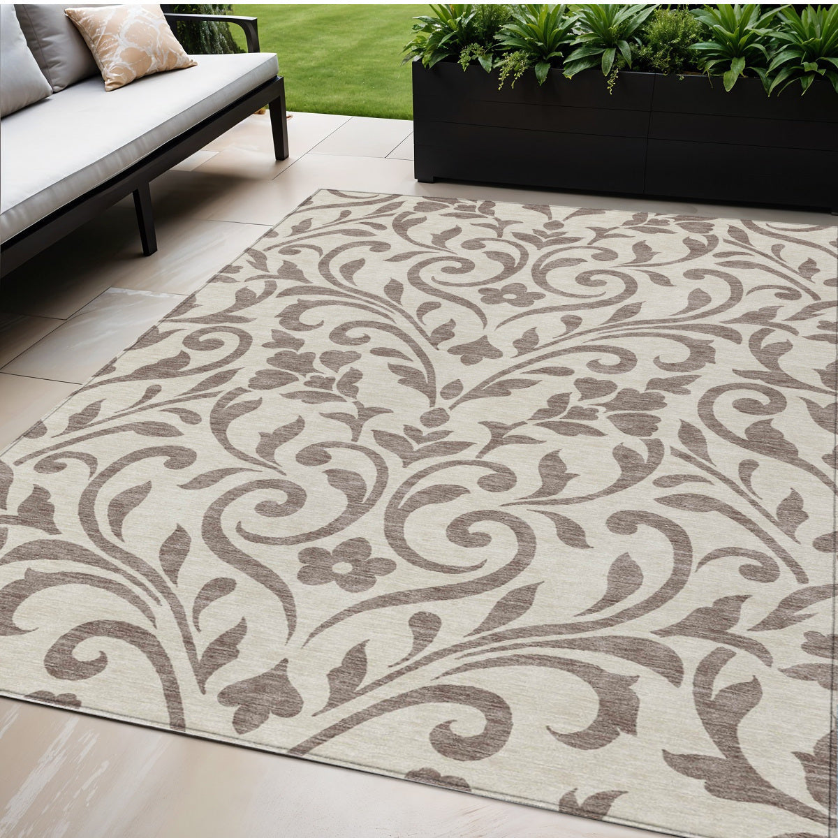 Tabselect Home Line 5' X 8' Taupe Floral Washable Indoor Outdoor Area Rug