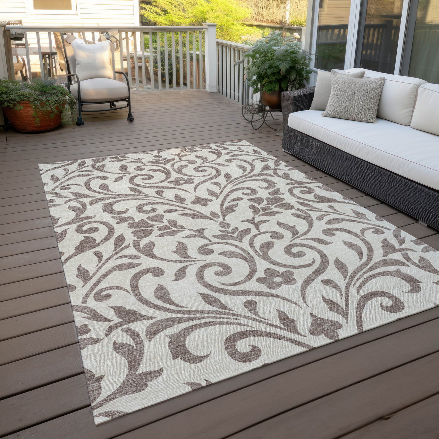Tabselect Home Line 5' X 8' Taupe Floral Washable Indoor Outdoor Area Rug