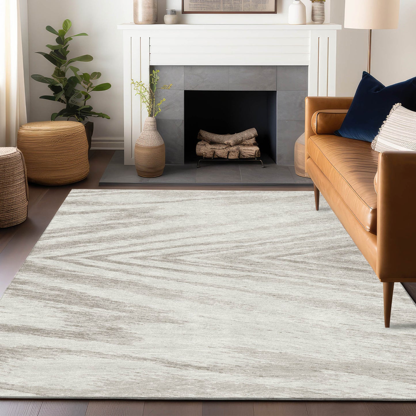 Tabselect Home Line 5' X 8' Ivory And Beige Abstract Washable Indoor Outdoor Area Rug