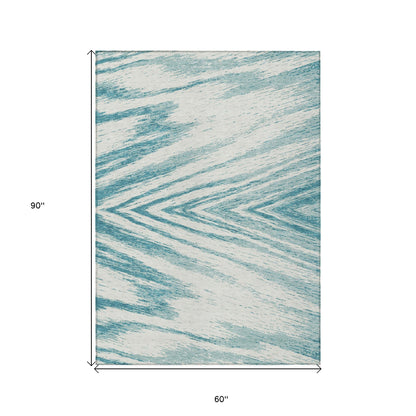 Tabselect Home Line 5' X 8' Teal Blue And Ivory Abstract Washable Indoor Outdoor Area Rug