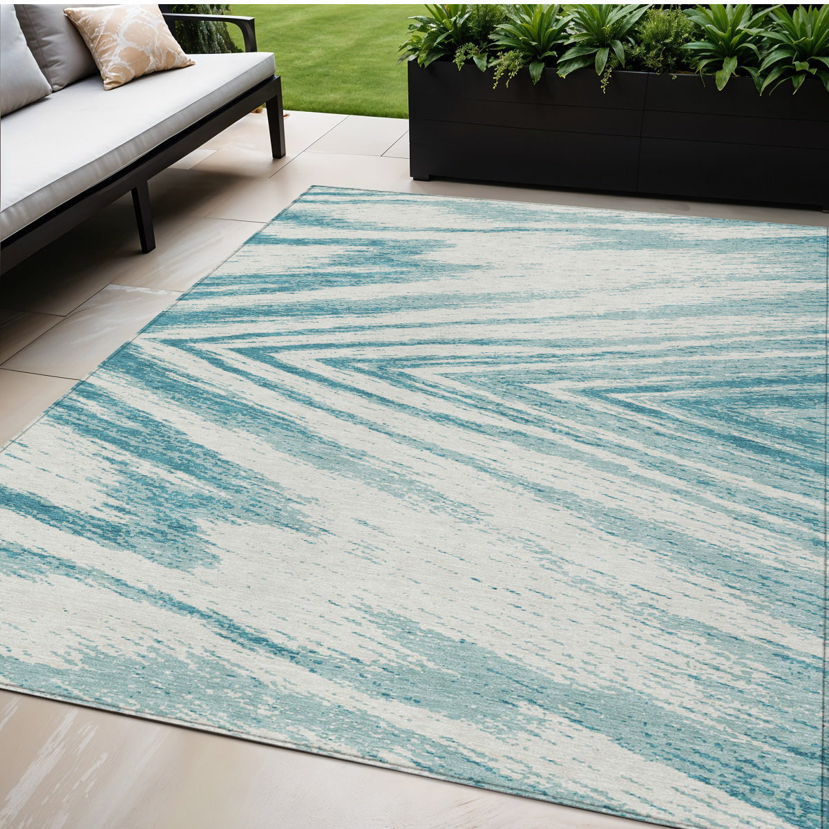 Tabselect Home Line 5' X 8' Teal Blue And Ivory Abstract Washable Indoor Outdoor Area Rug