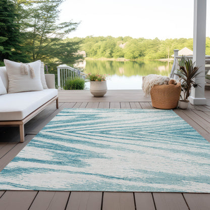 Tabselect Home Line 5' X 8' Teal Blue And Ivory Abstract Washable Indoor Outdoor Area Rug