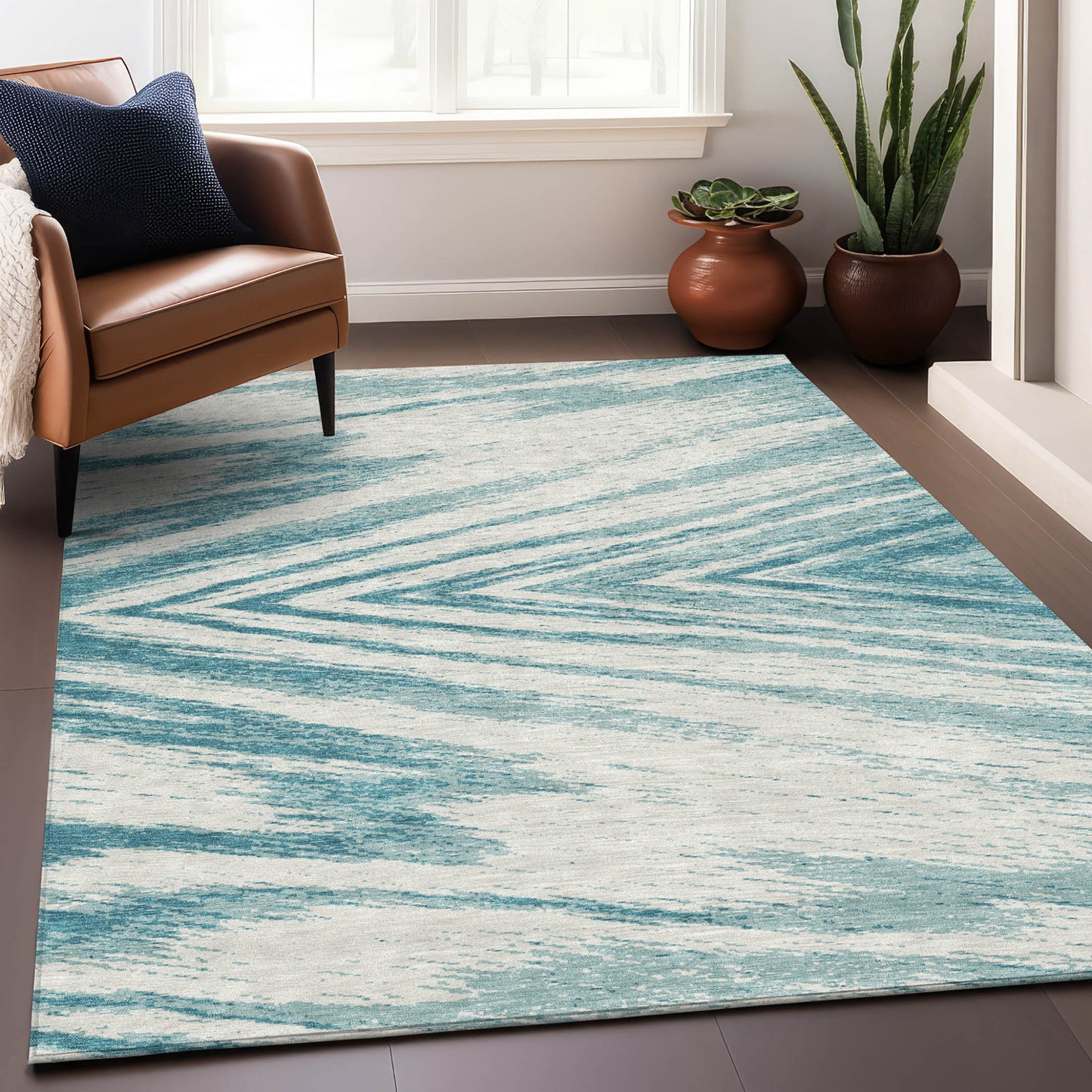 Tabselect Home Line 5' X 8' Teal Blue And Ivory Abstract Washable Indoor Outdoor Area Rug