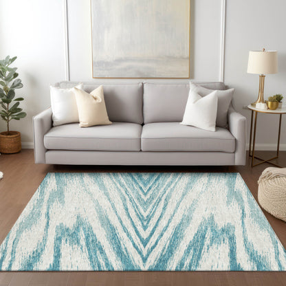 Tabselect Home Line 5' X 8' Teal Blue And Ivory Abstract Washable Indoor Outdoor Area Rug