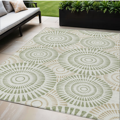 Tabselect Home Line 5' X 8' Artichoke Green Brown And Beige Geometric Washable Indoor Outdoor Area Rug