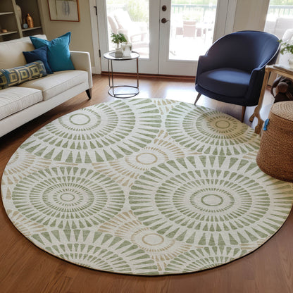 Tabselect Home Line 8' Artichoke Green Brown And Beige Round Geometric Washable Indoor Outdoor Area Rug