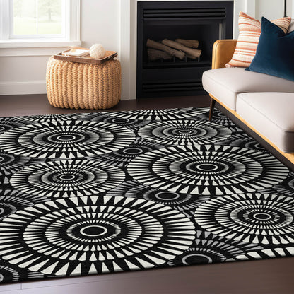 Tabselect Home Line 5' X 8' Black And Ivory Geometric Washable Indoor Outdoor Area Rug