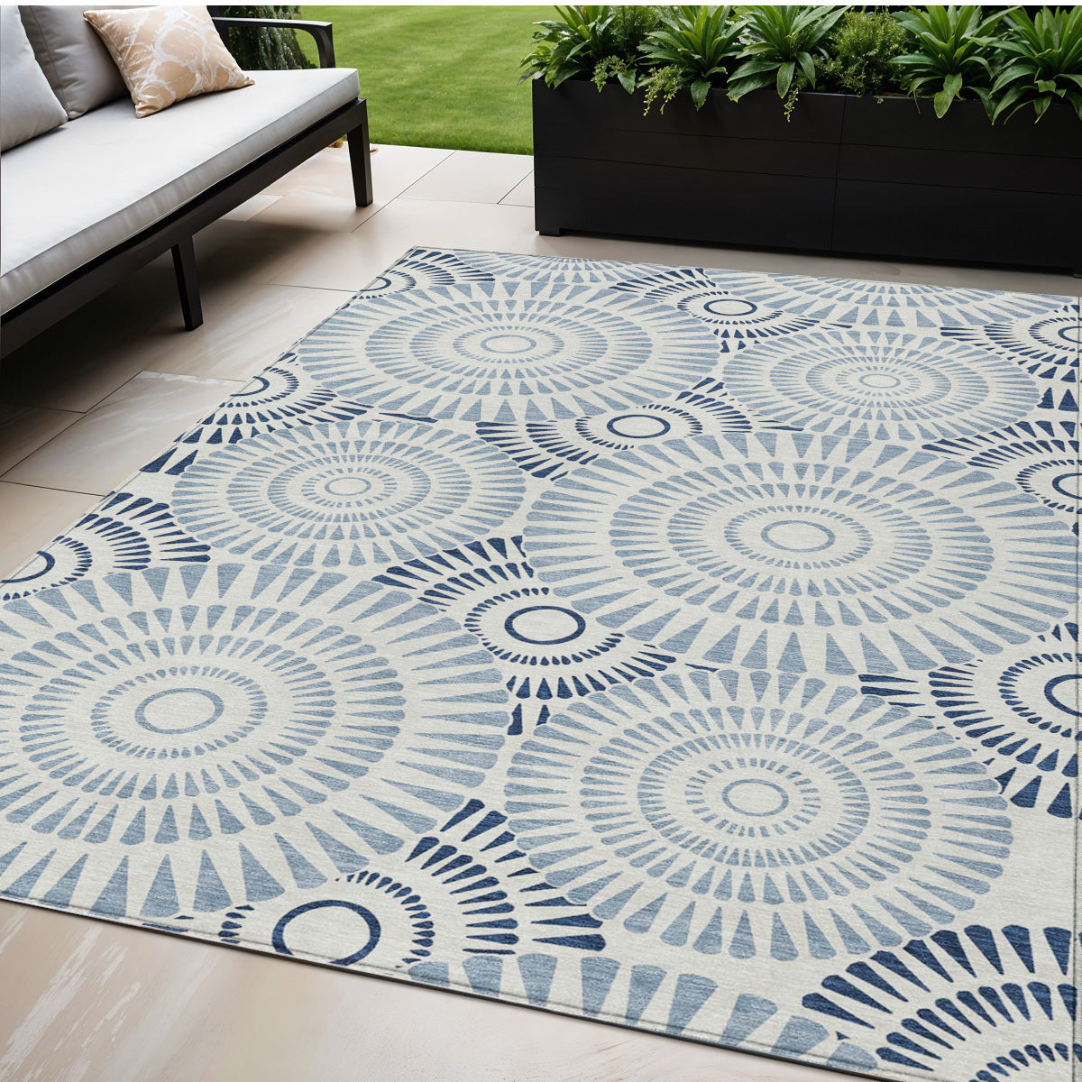 Tabselect Home Line 5' X 8' Blue And Ivory Geometric Washable Indoor Outdoor Area Rug
