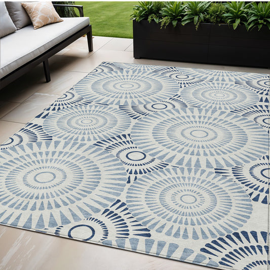 Tabselect Home Line 5' X 8' Blue And Ivory Geometric Washable Indoor Outdoor Area Rug