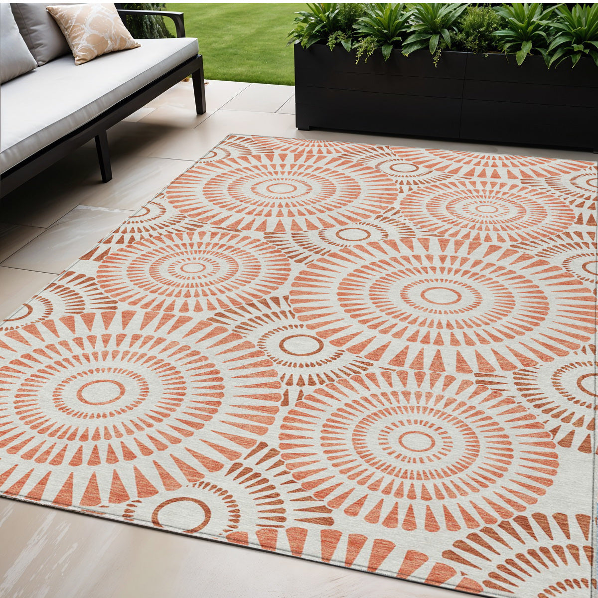 Tabselect Home Line 5' X 8' Coral And Ivory Geometric Washable Indoor Outdoor Area Rug