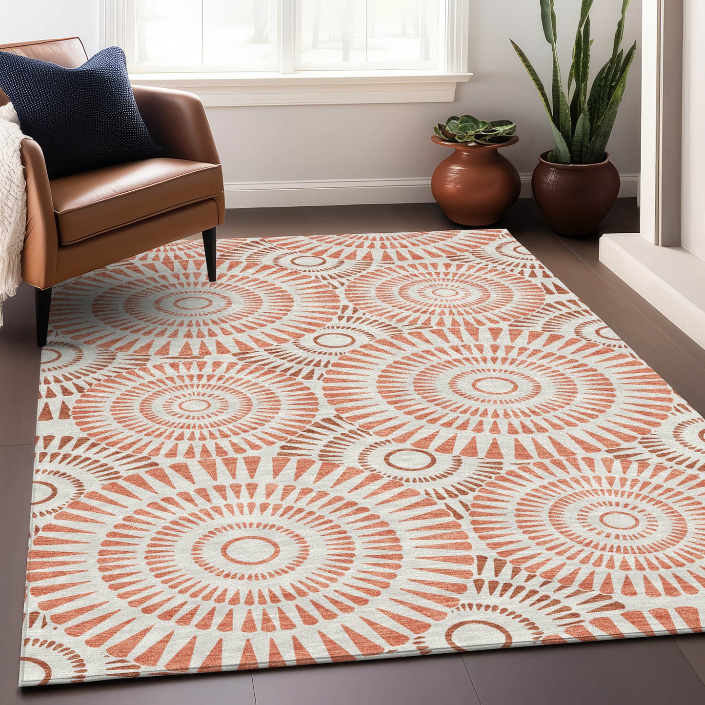 Tabselect Home Line 5' X 8' Coral And Ivory Geometric Washable Indoor Outdoor Area Rug