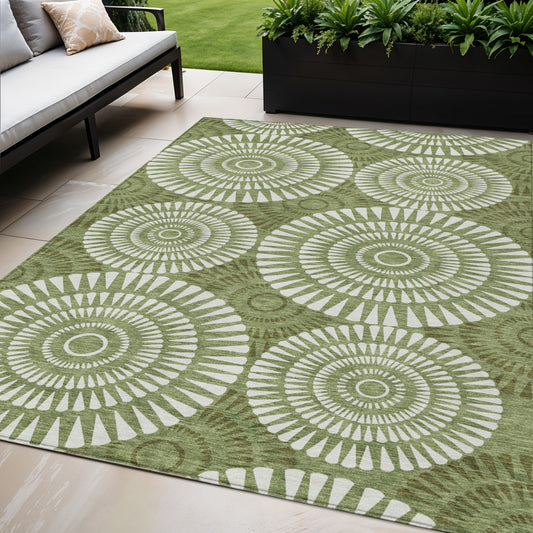 Tabselect Home Line 5' X 8' Green And Ivory Geometric Washable Indoor Outdoor Area Rug