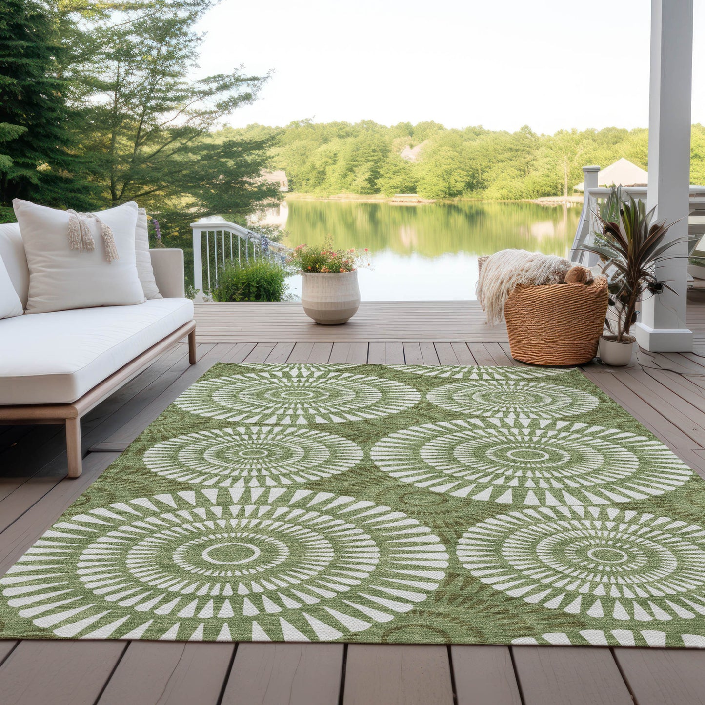 Tabselect Home Line 5' X 8' Green And Ivory Geometric Washable Indoor Outdoor Area Rug